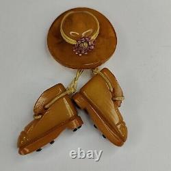 Vintage Butterscotch Bakelite Hat & Boot Pin