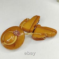 Vintage Butterscotch Bakelite Hat & Boot Pin