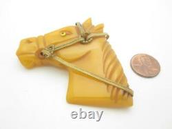 Vintage Butterscotch Bakelite Horse Head Pin With Metal Bridle Glass Eye