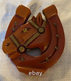 Vintage Butterscotch Bakelite Horse In Horseshoe Pin