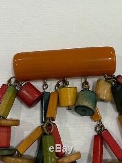 Vintage Butterscotch Bakelite Pin / Brooch with Hanging Wood Spool Decoration