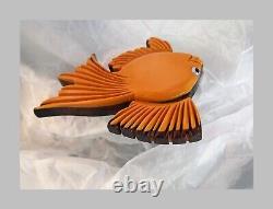 Vintage Butterscotch Bakelite & Wood Laminated Tropical Gold Fish Pin