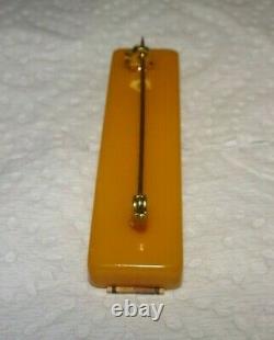 Vintage Butterscotch Bakelite Wooden Inlay Rectangular Brooch Pin