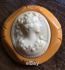 Vintage Butterscotch Carved Bakelite Cameo Brooch Pin Immaculate
