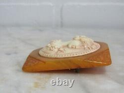 Vintage Butterscotch Carved Bakelite Galalith Cameo Woman Profile pin Brooch