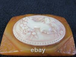 Vintage Butterscotch Carved Bakelite Galalith Cameo Woman Profile pin Brooch