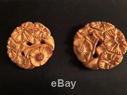 Vintage Butterscotch Yellow Bakelite Plastic Carved Flower Floral Pin Brooch