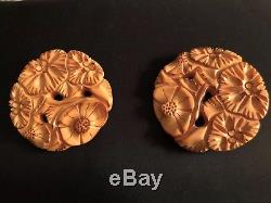 Vintage Butterscotch Yellow Bakelite Plastic Carved Flower Floral Pin Brooch