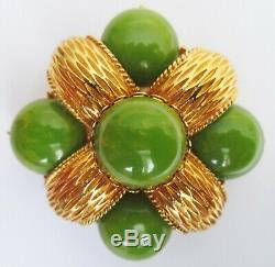 Vintage Cadoro Gold Plated Green Marbled Bakelite Cabochon Brooch Pin