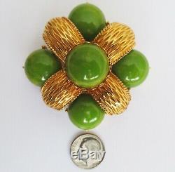Vintage Cadoro Gold Plated Green Marbled Bakelite Cabochon Brooch Pin