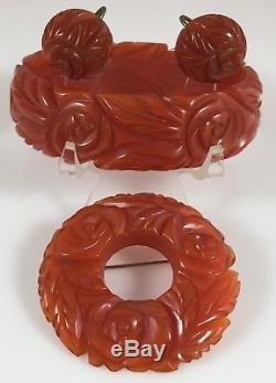 Vintage Carmel Cognac Deeply Carved Bakelite Bangle Bracelet Pin Earring Set