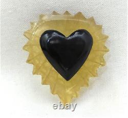 Vintage Carved Apple Juice & Black Bakelite Heart Pin Brooch 2 5/8
