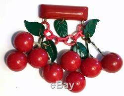Vintage Carved BAKELITE Dangle 8 Cherries Red CHERRY Green Leaves Bar Brooch PIN