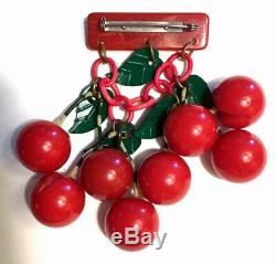 Vintage Carved BAKELITE Dangle 8 Cherries Red CHERRY Green Leaves Bar Brooch PIN