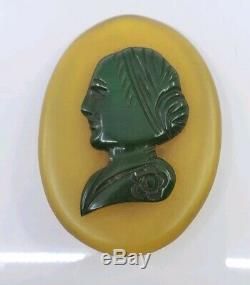 Vintage Carved Bakelite Apple Juice & Green Cameo Brooch Pin READ
