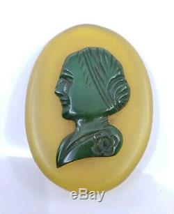 Vintage Carved Bakelite Apple Juice & Green Cameo Brooch Pin READ