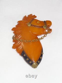 Vintage Carved Bakelite Brooch Horse Head with Chain
