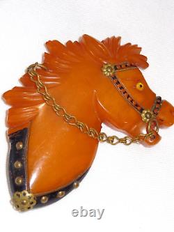 Vintage Carved Bakelite Brooch Horse Head with Chain