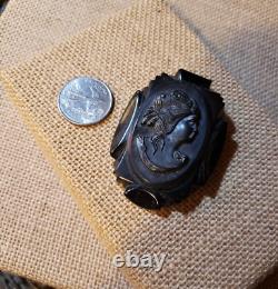 Vintage Carved Bakelite Celluloid Cameo Mourning Brooch Pin Black Victorian Goth