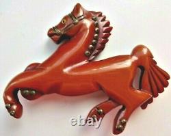 Vintage Carved Bakelite Equestrian Horse Brass Rivets Glass Eye Brooch Pin -3w