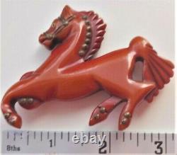Vintage Carved Bakelite Equestrian Horse Brass Rivets Glass Eye Brooch Pin -3w