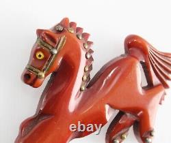 Vintage Carved Bakelite Equestrian Horse Brooch Pin Brass Rivets Glass Eye 3
