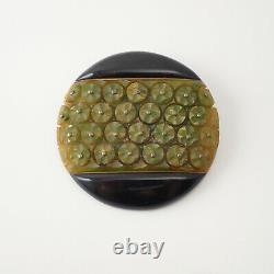 Vintage Carved Bakelite Floral Gold Tone Studded Round Green Black Pin Brooch