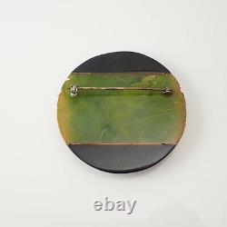 Vintage Carved Bakelite Floral Gold Tone Studded Round Green Black Pin Brooch