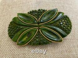 Vintage Carved Bakelite Green Leaf Brooch Pin Gold Accents EUC