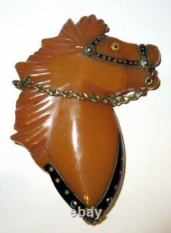 Vintage Carved Bakelite Horse Head Brooch / Pin With Brass Chain