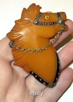 Vintage Carved Bakelite Horse Head Brooch / Pin With Brass Chain