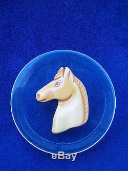 Vintage Carved Bakelite Horse Head Brooch / Pin With Lucite Surround Tested