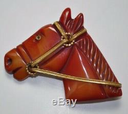 Vintage Carved Bakelite Horse Head Pin Brooch, Dark Orange