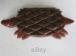 Vintage Carved Bakelite Lamanated to Wood, Turtle Pin with Glass Eyes