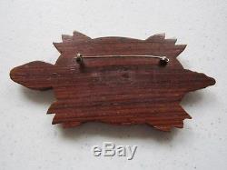Vintage Carved Bakelite Lamanated to Wood, Turtle Pin with Glass Eyes