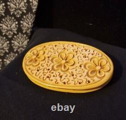 Vintage Carved Bakelite Large Brooch Pin Butterscotch Flowers Estate Jewelry
