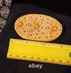 Vintage Carved Bakelite Large Brooch Pin Butterscotch Flowers Estate Jewelry