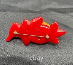 Vintage Carved Bakelite Pin Brooch Red Leaf Yellow Butterscotch Flower Beautiful