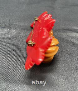 Vintage Carved Bakelite Pin Brooch Red Leaf Yellow Butterscotch Flower Beautiful