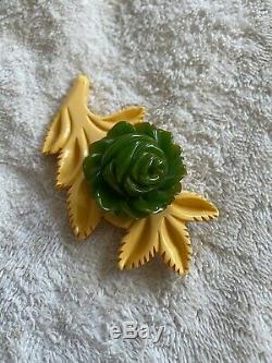 Vintage Carved Bakelite Pin Green Yellow Flower Beautiful