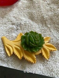 Vintage Carved Bakelite Pin Green Yellow Flower Beautiful
