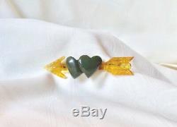Vintage Carved Bakelite Pin Hearts And Arrow
