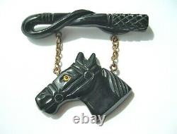 Vintage Carved Black BAKELITE Figural HORSE Head & Riding Crop Dangle Brooch Pin