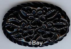 Vintage Carved Black Bakelite Cut Out Flowers Oval Pin Brooch