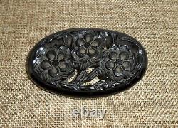 Vintage Carved Black Bakelite Flower Floral Oval Brooch Pin Tested A673