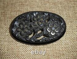Vintage Carved Black Bakelite Flower Floral Oval Brooch Pin Tested A673
