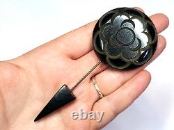 Vintage Carved Black Bakelite Large Flower Floral Screw In Base Stick Hat Pin