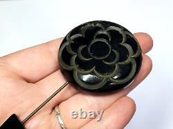 Vintage Carved Black Bakelite Large Flower Floral Screw In Base Stick Hat Pin