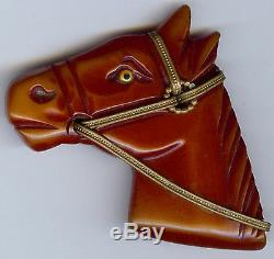 Vintage Carved Burnt Ornage Bakelite Handsome Horse Head Pin Brooch