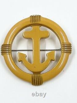 Vintage Carved Butterscotch Bakelite Anchor In Circle Nautical Pin Brooch Yellow